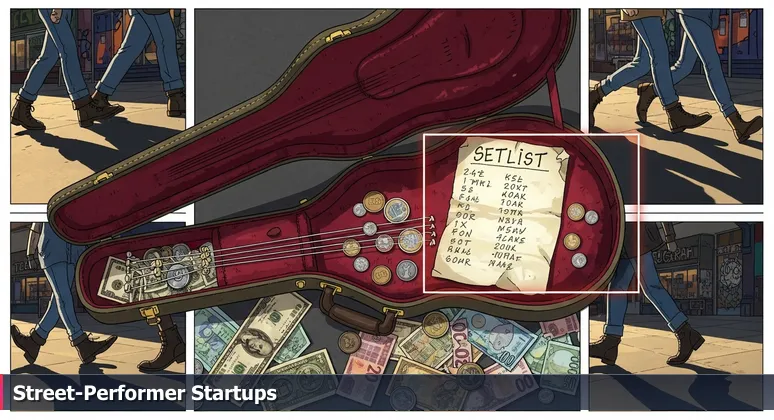 Close-up of an open guitar case on Telegraph Avenue in Berkeley, with scattered coins and a handwritten setlist, symbolizing the ranking of emerging AI startups.