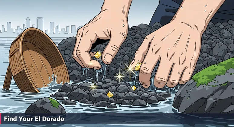 Calloused hands panning for gold in a riverbed, symbolizing the search for tech jobs in Berkeley with the city skyline in the background.