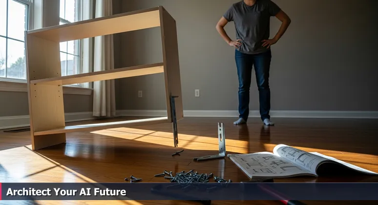 A person frustrated by a wobbly, poorly assembled bookshelf, symbolizing the gap between following AI tutorials and developing architectural judgment for engineering careers.