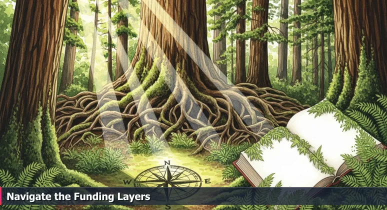 A redwood forest in Berkeley Hills with sunlight piercing through the canopy, symbolizing the interconnected layers of financial aid for tech training.