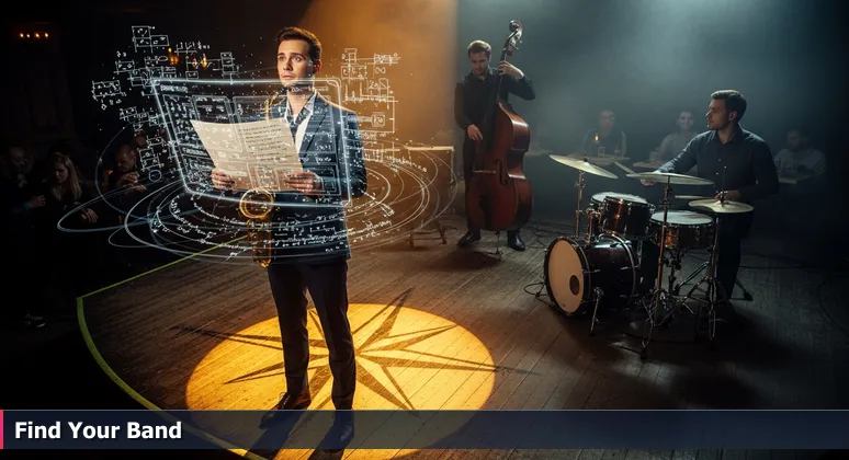 A saxophonist hesitates to join a jazz jam in a dimly lit club, representing the pivotal moment before connecting at Berkeley's AI meetups and events.