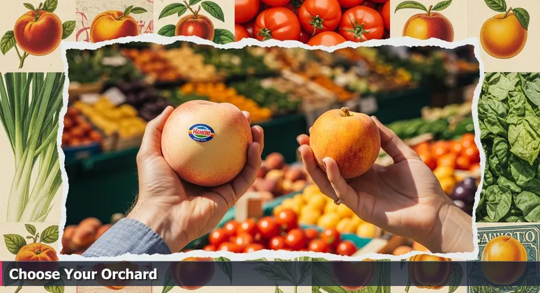 A person's hands at the Berkeley Farmers' Market holding two ripe peaches, symbolizing the choice between different AI company ecosystems.
