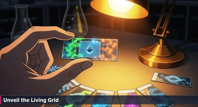 A scientist's hand holding a microscope slide with Berkeley bay water, revealing a vibrant ecosystem under the lens, symbolizing the complex tech career landscape in the East Bay.