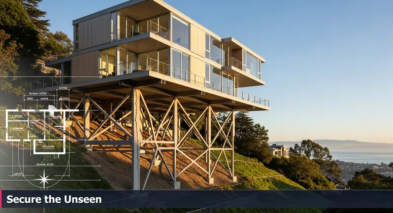 A contemporary home on engineered stilts in Berkeley hills with a crack in a support pillar, overlooking the Bay, symbolizing cybersecurity architecture.