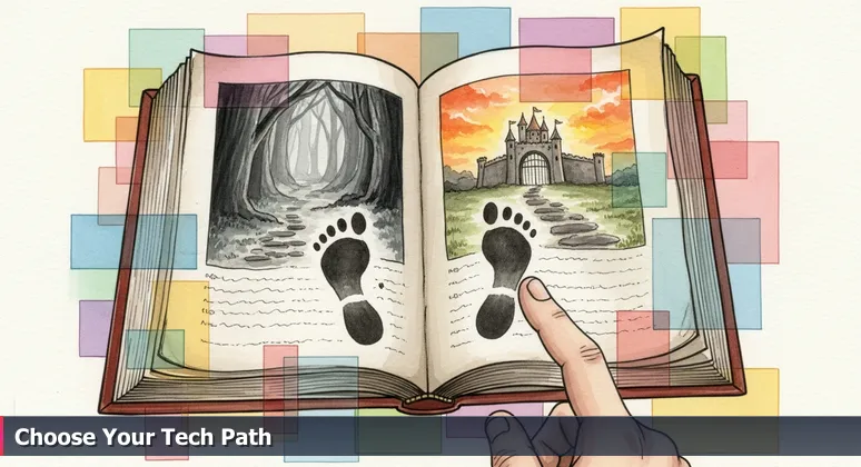 Close-up of a vintage Choose Your Own Adventure book showing two diverging paths, symbolizing free tech training options in Berkeley, CA.