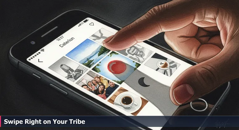 A close-up of a thumb hovering over a smartphone screen showing a dating app profile, symbolizing the choice of a tech coworking space in Berkeley, CA.