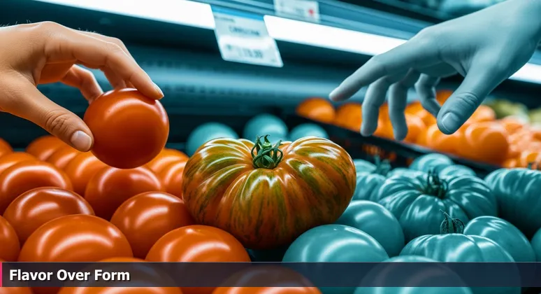 Hands selecting between a shiny red tomato and a colorful heirloom tomato at Berkeley Bowl, symbolizing the choice between traditional and skills-based tech careers.