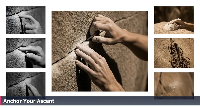 Close-up of a climber's chalk-dusted hands gripping a granite rock face in Yosemite, symbolizing strategic career decisions for junior developers in Berkeley's tech scene.