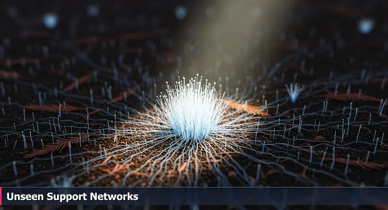 Macro shot of redwood forest soil with glowing fungal networks, illustrating the hidden support systems for women in tech in Berkeley.