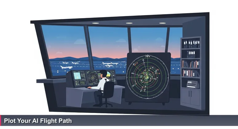 A dusk scene of an airport control tower with a radar screen showing coordinated flight paths, symbolizing the integrated AI career ecosystem in Tallahassee.