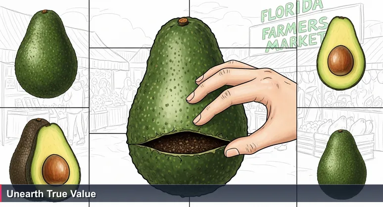 Close-up of a hand at Tallahassee Farmers Market touching a Florida avocado with soil, symbolizing hidden value in tech job compensation.