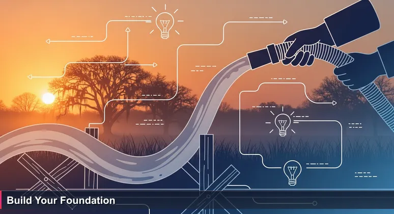 Close-up of construction worker's hands pouring wet concrete into foundation forms at a sunrise job site in Tallahassee, symbolizing the building of a tech career.