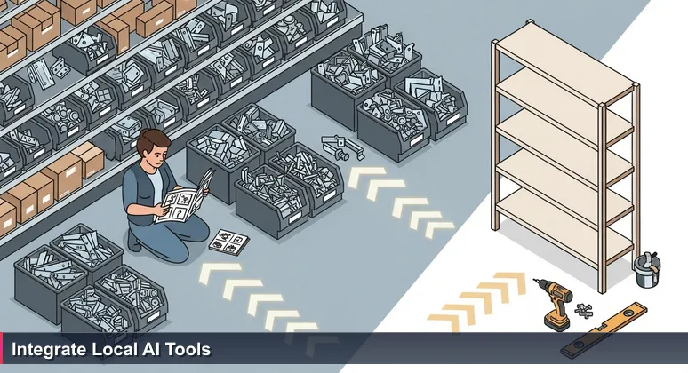 A person in a Tallahassee hardware store aisle holding an AI career manual, surrounded by bins of unlabeled parts symbolizing local AI resources like FSU and state agencies.