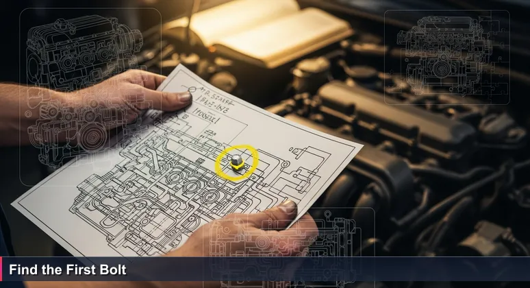 Close-up of mechanic's hands holding a car engine diagram with a yellow-highlighted bolt, representing the key to unlocking funding for tech training in Tallahassee.
