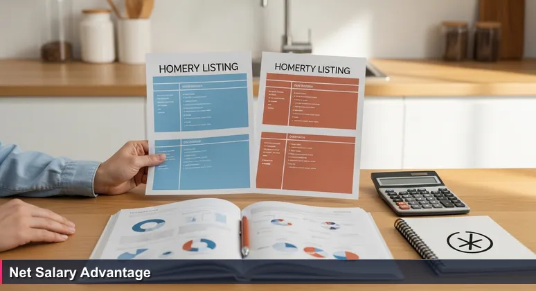 A hand comparing property listing sheets for Atlanta and Tallahassee with a calculator, symbolizing net salary analysis for AI jobs in 2026.