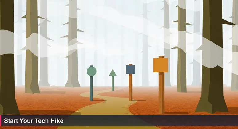 A misty trailhead in Apalachicola National Forest with diverging paths and wooden signs, symbolizing tech career opportunities in Tallahassee's government, university, and healthcare sectors.