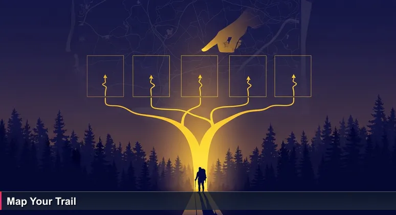 A hiker at a forest trailhead in Apalachicola National Forest near Tallahassee, contemplating multiple paths with a map, symbolizing bootcamp selection for AI careers.