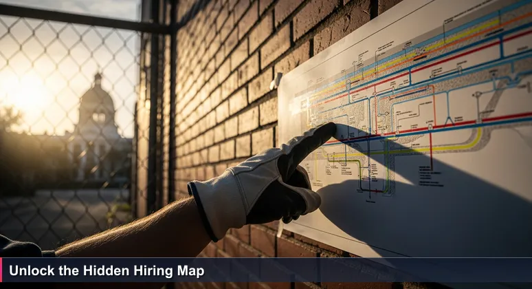 Close-up of a hand pointing to a color-coded schematic on a brick wall, depicting Tallahassee's unseen water, power, and fiber networks over a street map, with the Florida State Capitol dome visible through a fence in soft light.