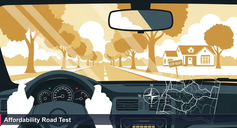 Close-up of hands gripping a steering wheel on a suburban street in Tallahassee, with a 'For Rent' sign visible on a house in the background.