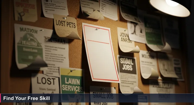 Close-up of a weathered community bulletin board in Tallahassee with a fresh flyer highlighting free tech training workshops for AI and coding