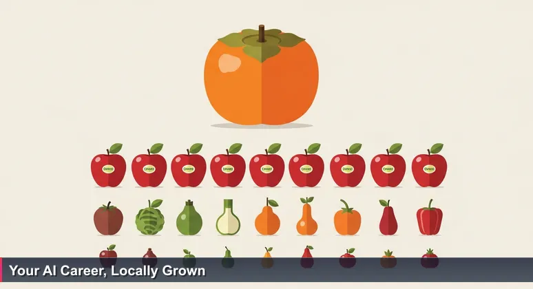 A hand hesitating between a shiny branded apple and a vibrant local persimmon in a grocery aisle, symbolizing career choices in Tallahassee's AI job market.