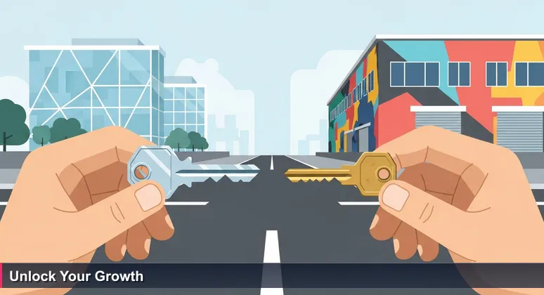 Hands holding two keys at a crossroads in Tallahassee, one labeled 'Lab Access' and one 'Community', with blurred background of a research facility and a vibrant workspace.