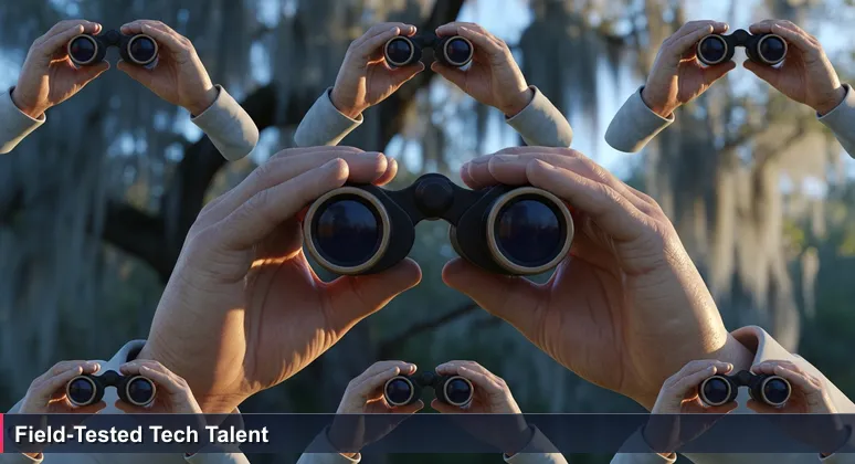 Close-up of a birder's hands adjusting binoculars at dawn in Tom Brown Park, Tallahassee, symbolizing tech careers based on skills over degrees.