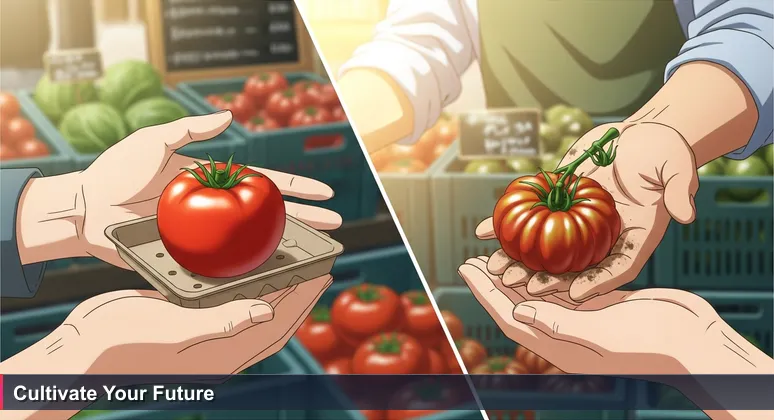 Hands at the Tallahassee Farmers Market comparing a glossy tomato from a bin to an heirloom tomato on a vine, symbolizing career choices for developers.