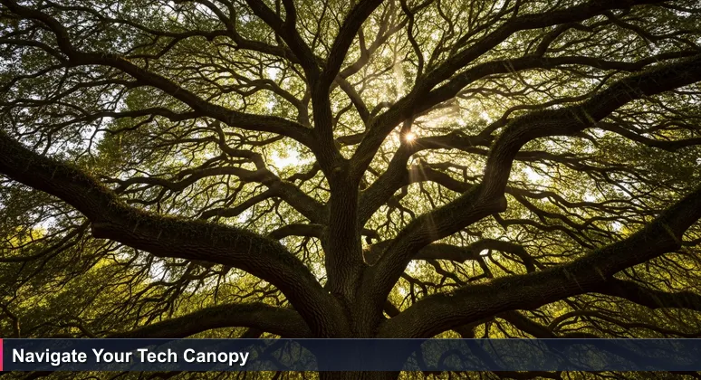 A low-angle view of interconnected live oak branches in Tallahassee, symbolizing the network of women in tech resources and support.
