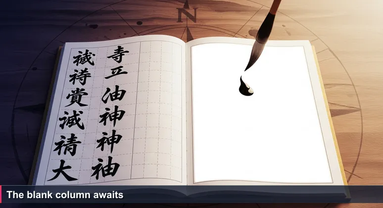 A child's wooden desk with an open calligraphy practice book showing three columns: first with bold black characters, second with faint dotted outlines, third blank. A brush with ink hovers over the empty space.