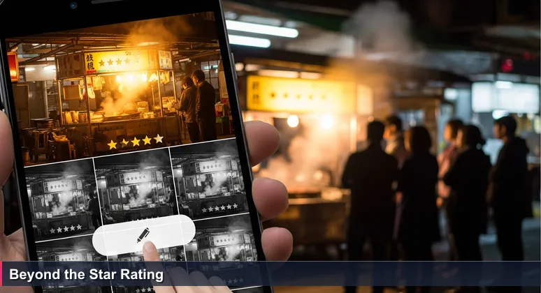 Smartphone screen showing a 4.8-star Google rating at a bustling Taipei night market stall, steam rising, short queue of locals, thumb near review button.