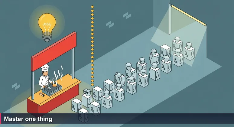 A single chef at a Taipei night market stall works alone at a smoking griddle, with a long patient queue of 30 people waiting in a fluorescent-lit alley, illustrating the article's analogy that Taiwan's tech market rewards deep specialization over breadth.