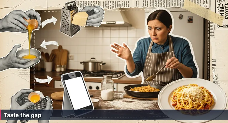 A novice cook in a messy kitchen staring at a smartphone recipe, holding a spoon over a pan of pasta, with a frustrated and confused expression.