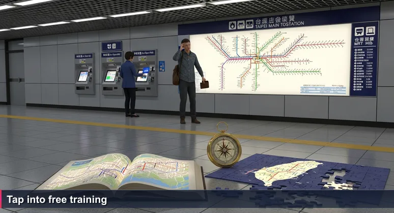 A person at Taipei Main Station looking at an MRT map with an EasyCard in hand, symbolizing easy access to funding for tech training in Taiwan.