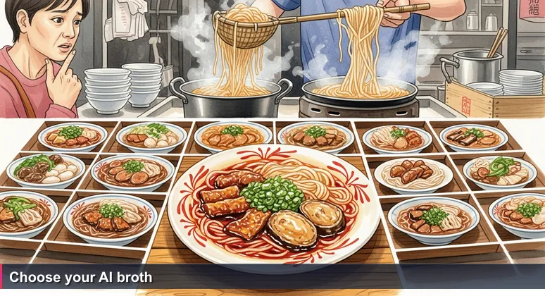 A night market vendor in Taipei's Dadaocheng district lifts a bamboo strainer of glistening rice noodles from a bubbling pot, steam rising, as a customer watches.