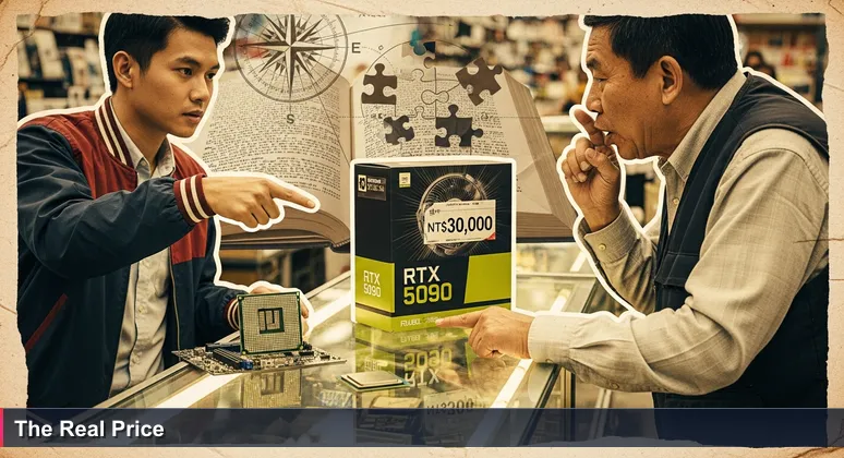 Young professional pointing at RTX 5090 with NT$30,000 sticker while vendor leans in to whisper a lower price at Guanghua Digital Plaza in Taipei.