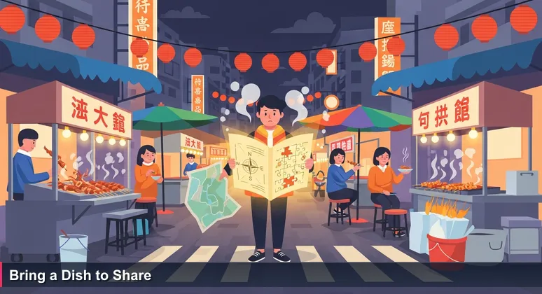 A person standing at a bustling Taiwanese night market, holding a crumpled map, looking lost among stalls with steam and neon lights, symbolizing the challenge of navigating AI networking events.