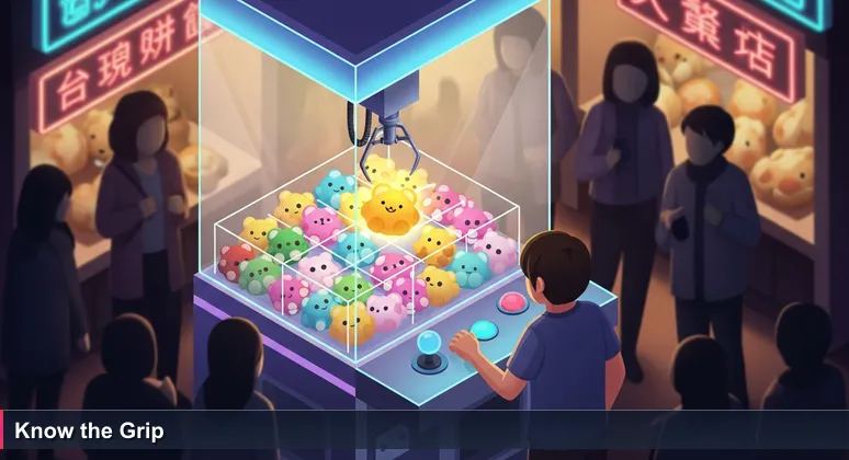 A young person at a Taipei night market claw machine, hand on joystick, eyes fixed on a plushie prize under colorful neon lights.