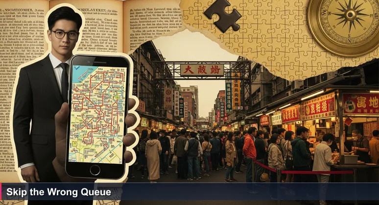 A young professional stands at Taipei's Shilin Night Market entrance, looking at a map of food stalls, with locals and tourists around, symbolic of choosing the right career path in cybersecurity.