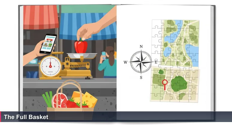 Close-up of a weathered hand placing a red bell pepper on a traditional spring scale in a Taiwanese wet market, with a full shopping bag on the floor containing imported beef, cheese, and strawberries.