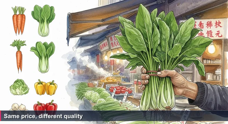 Weathered hand holding two bunches of spinach at a Taipei wet market, one fresh and one wilted, with identical price tags, blur background of market stalls.