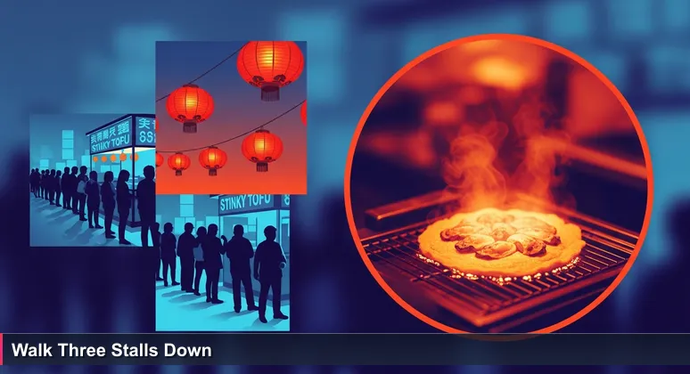 A crowded Taipei night market at dusk with glowing red lanterns. A long queue snakes around a famous stinky tofu stall, while three stalls away a smaller vendor with no line serves a steaming oyster omelet. The vendor looks hopeful, the queue indifferent.