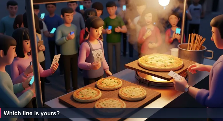 Crowd holding numbered tickets outside a bustling Taipei night market stall, steam rising from griddle, people checking tickets and phones.