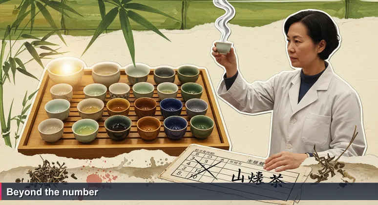 Tea master in white lab coat evaluating tea cups at a Pinglin competition, symbolizing the ranking of tech jobs without degrees in Taiwan.