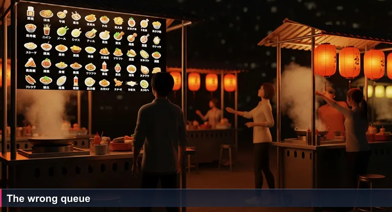 A young person stands at a Taipei night market stall, overwhelmed by a menu with 40 items, while a friend waves from another stall.