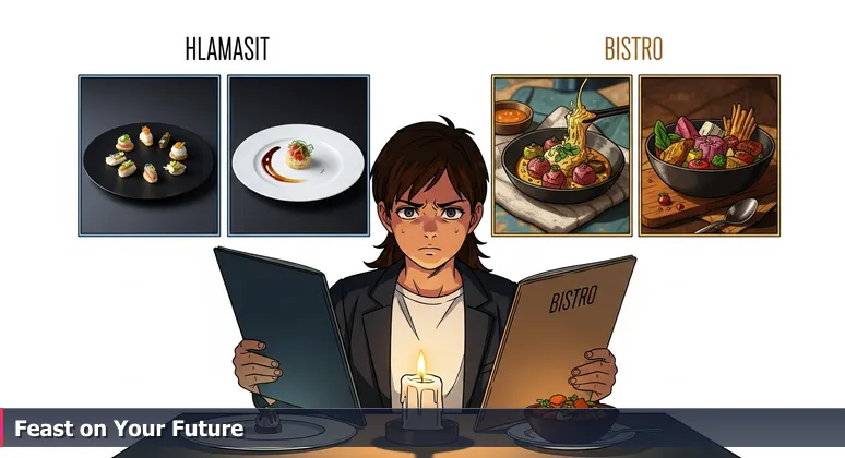 A professional in Madison compares two job offer menus at a table, symbolizing the choice between high-prestige Big Tech and locally valuable employers like Epic Systems.