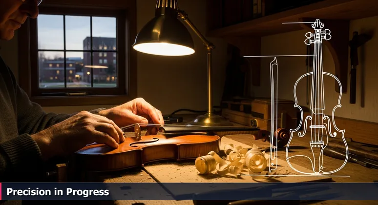 A master luthier's hands carefully tuning a violin in a wood-paneled workshop, with the University of Wisconsin-Madison campus glowing through a window, symbolizing Madison's precise tech craftsmanship.