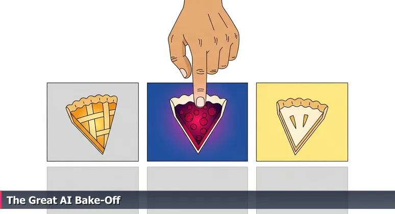 A judge's hands at a county fair pie contest, symbolizing the careful ranking of Madison's most promising AI startups based on potential and execution.