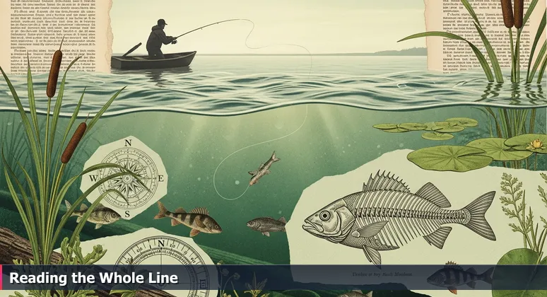 An angler on Lake Mendota at dawn, with underwater view showing hidden fish and structures, representing the unseen factors in AI compensation.