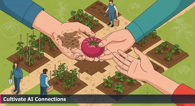 Two hands passing a ripe Cherokee Purple tomato in a Madison community garden at dusk, symbolizing knowledge exchange in the local AI ecosystem.